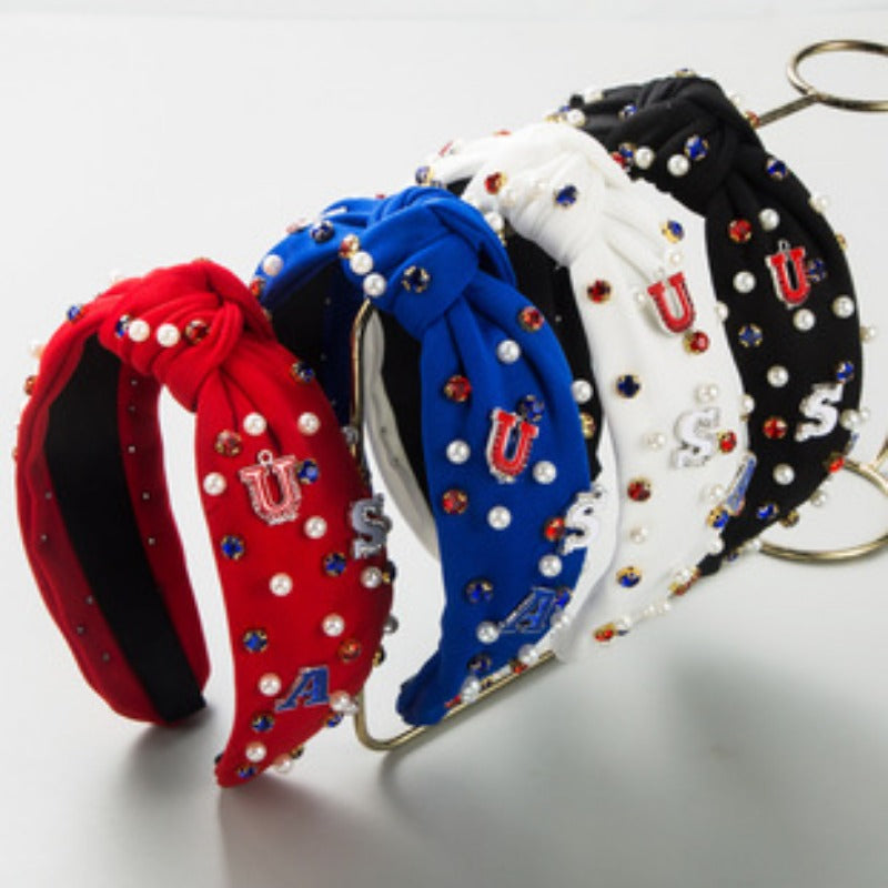 Wholesale Independence Day Diamond Studded Five Pointed Star National Flag Fabric Headbands